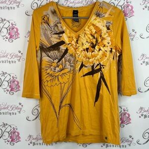 Olsen top orange Yellow Floral sequins sparkly flowers Women's Top